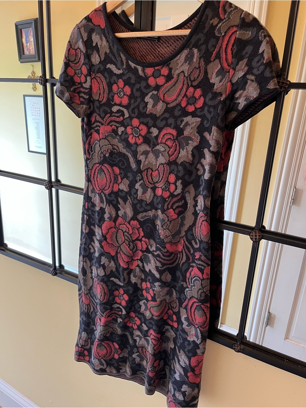 Peruvian Connection Black Floral Knit Dress with Soft Coral and Gray Pattern